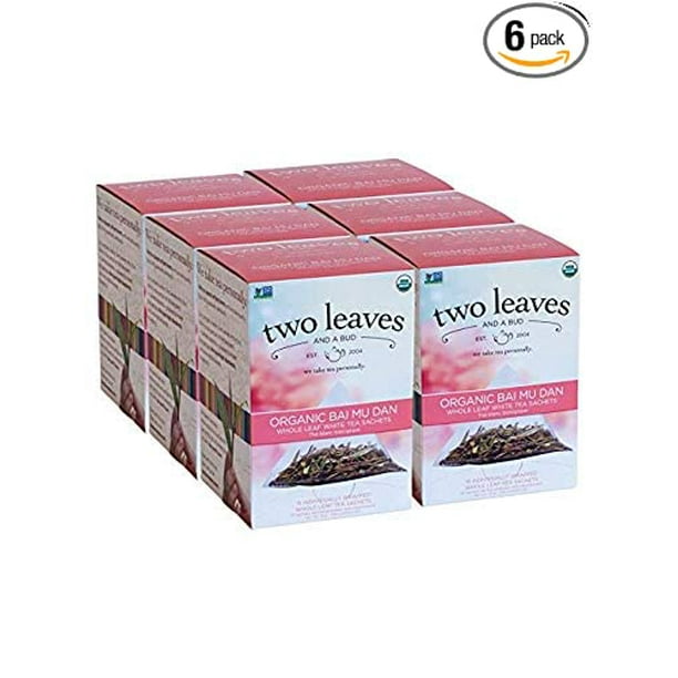 Two Leaves and a Bud Organic Bai Mu Dan White Tea Bags Delicious Hot or Iced with Milk or Sugar or Honey or Plain Two Leaves Tea Company T01415 Pack of 6 Organic Whole Leaf White Tea in Pyramid Sachet Bags 15 Count